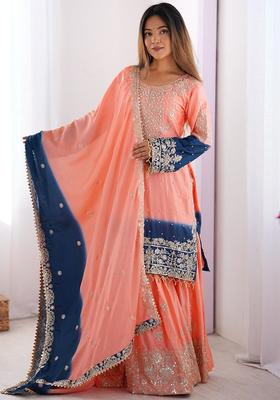 Peach Embroidered Chinon Kurta Set