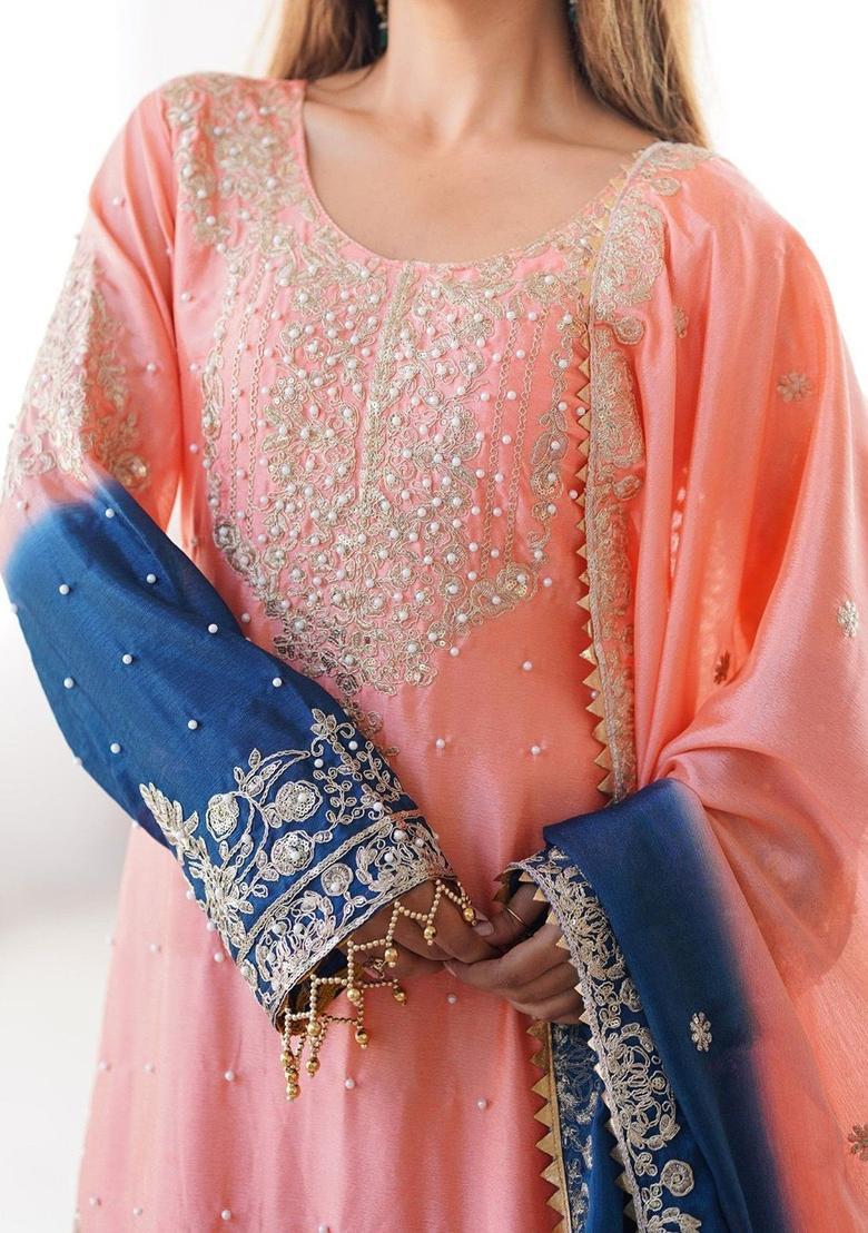 Peach Embroidered Chinon Kurta Set - Indya