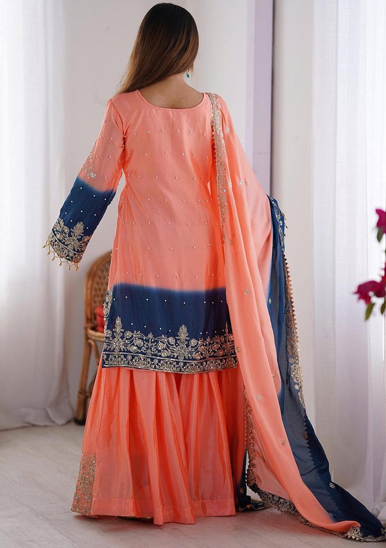 Peach Embroidered Chinon Kurta Set - Indya