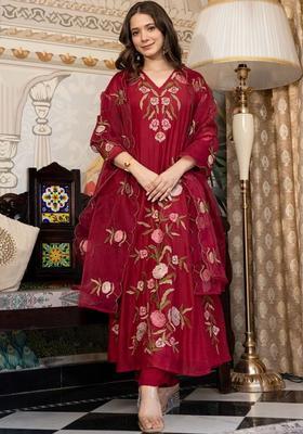 Red Embroidered Silk Kurta Set