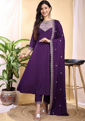 Purple Embroidered Silk Kurta Set
