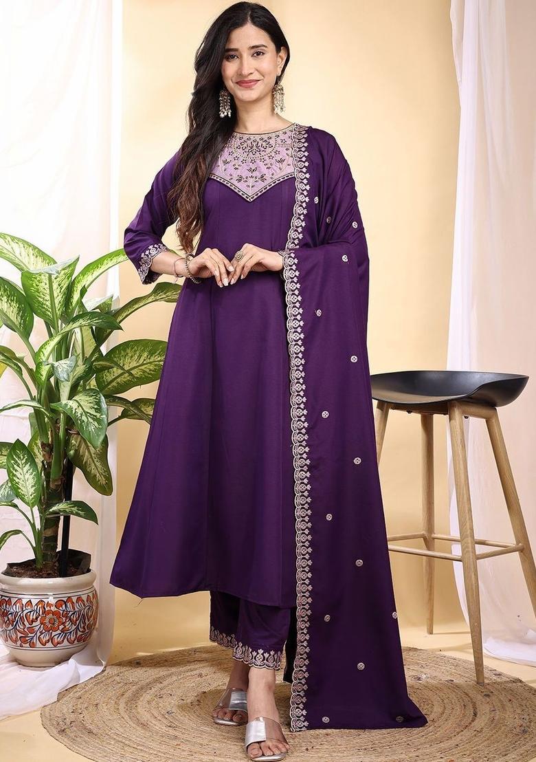 Purple Embroidered Silk Kurta Set - Indya