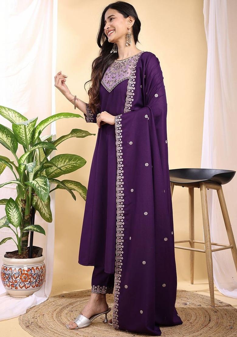 Purple Embroidered Silk Kurta Set - Indya