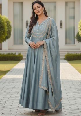 Blue Embroidered Silk Kurta Set