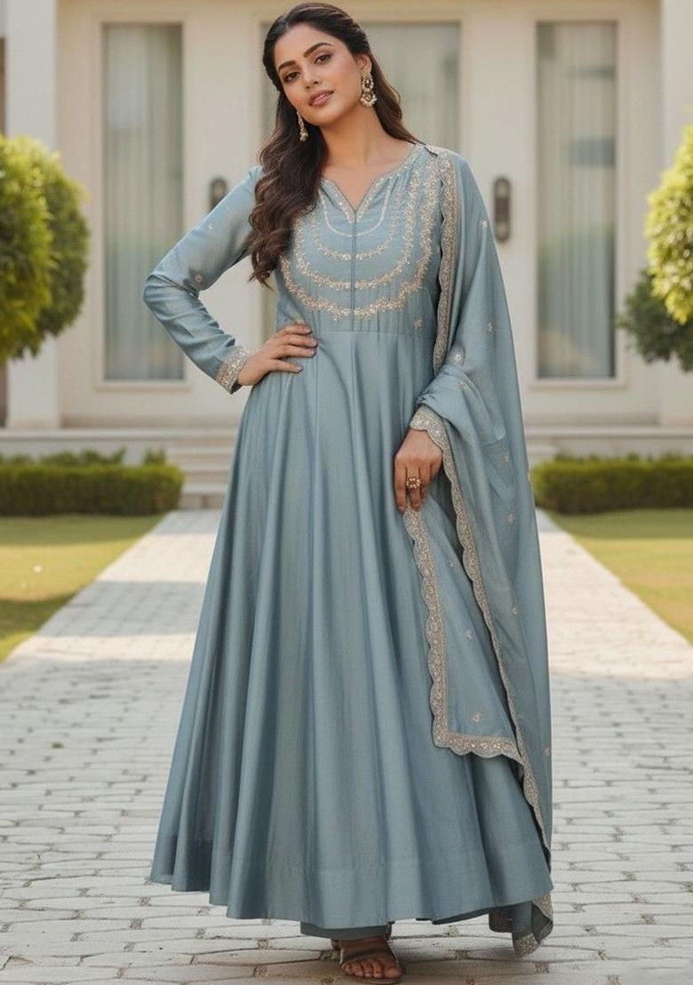 Blue Embroidered Silk Kurta Set - Indya