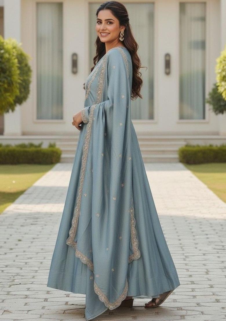 Blue Embroidered Silk Kurta Set - Indya