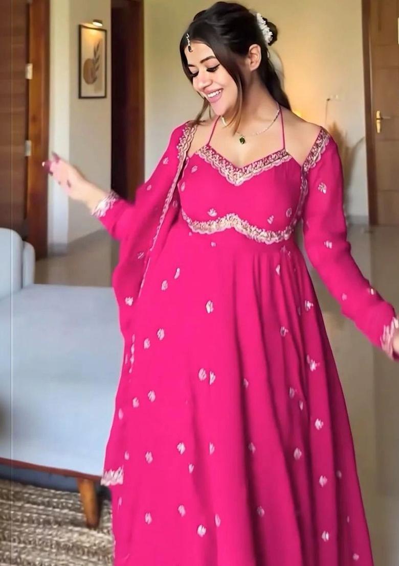 Pink Embroidered Georgette Kurta Set - Indya