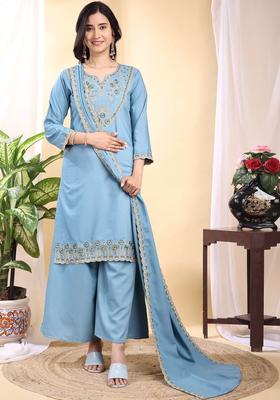 Blue Embroidered Silk Kurta Set