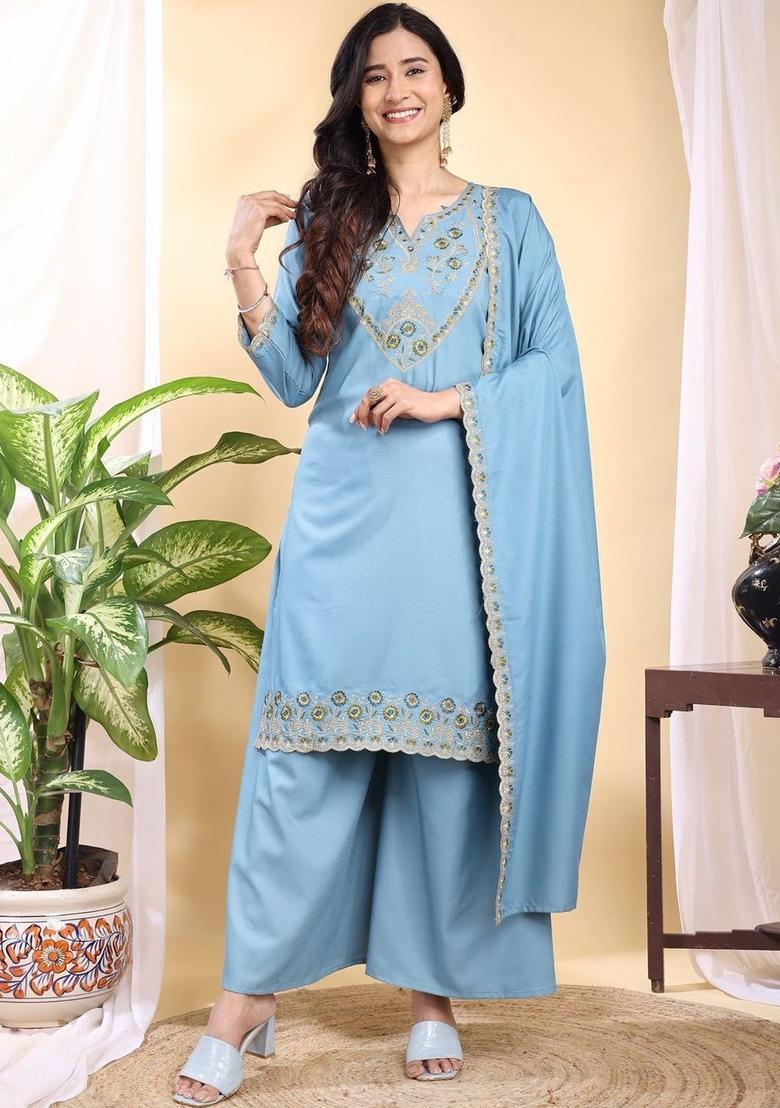 Blue Embroidered Silk Kurta Set - Indya