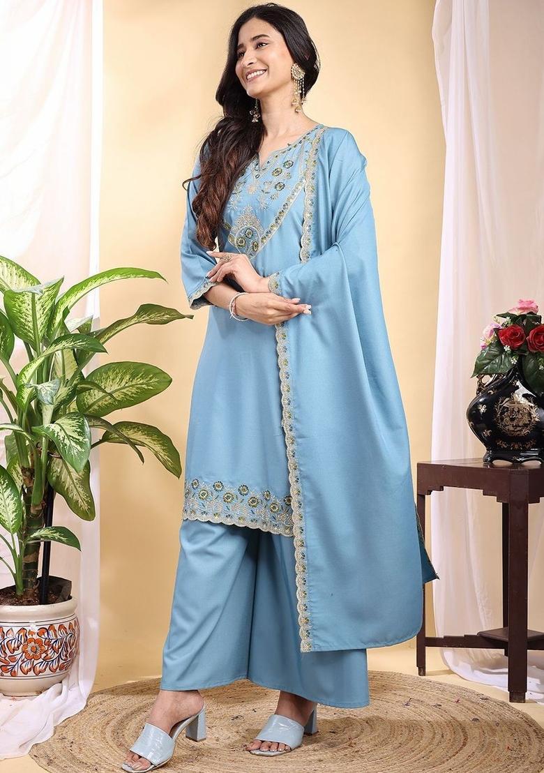 Blue Embroidered Silk Kurta Set - Indya