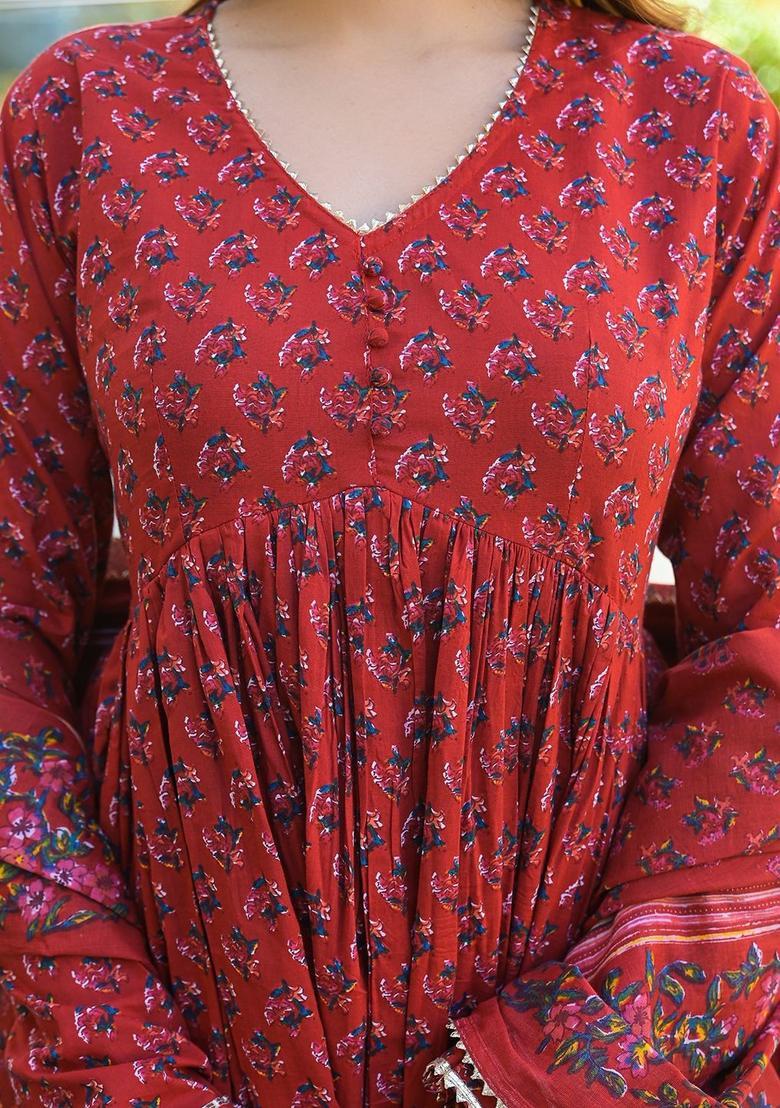 Red Printed Cotton Kurta Set - Indya
