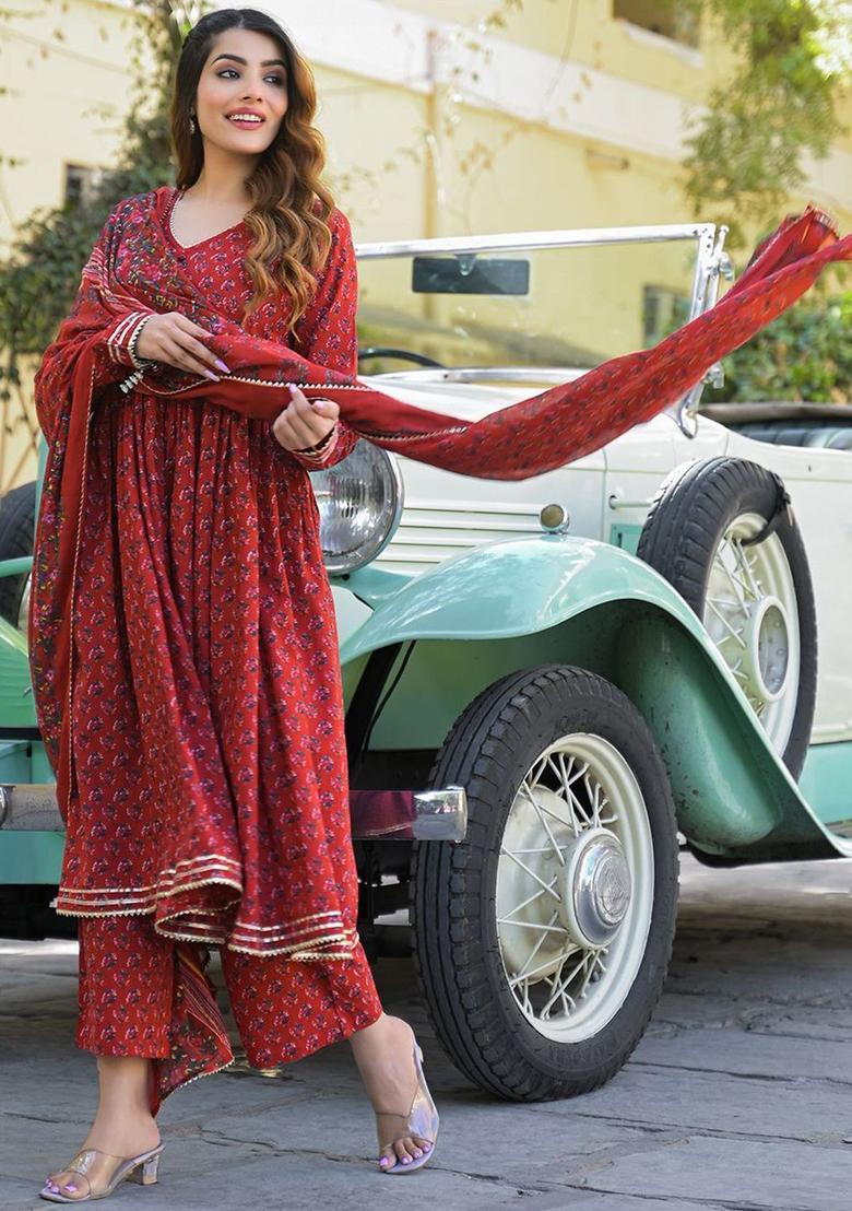 Red Printed Cotton Kurta Set - Indya