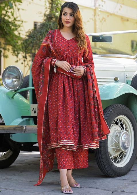Red Printed Cotton Kurta Set — view on Indya