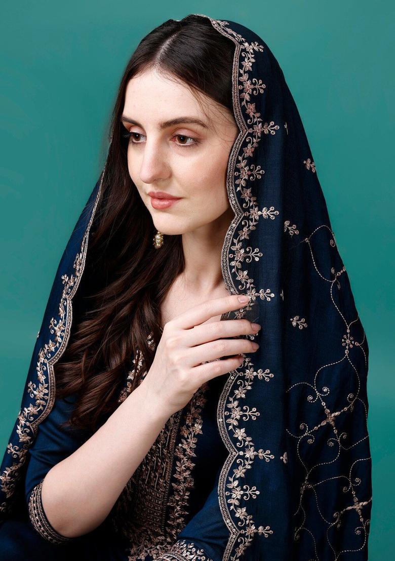 Navy Blue Embroidered Silk Kurta Set - Indya