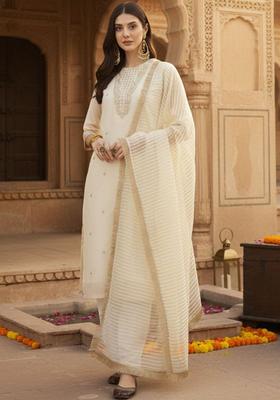 Off White Embroidered Silk Kurta Set