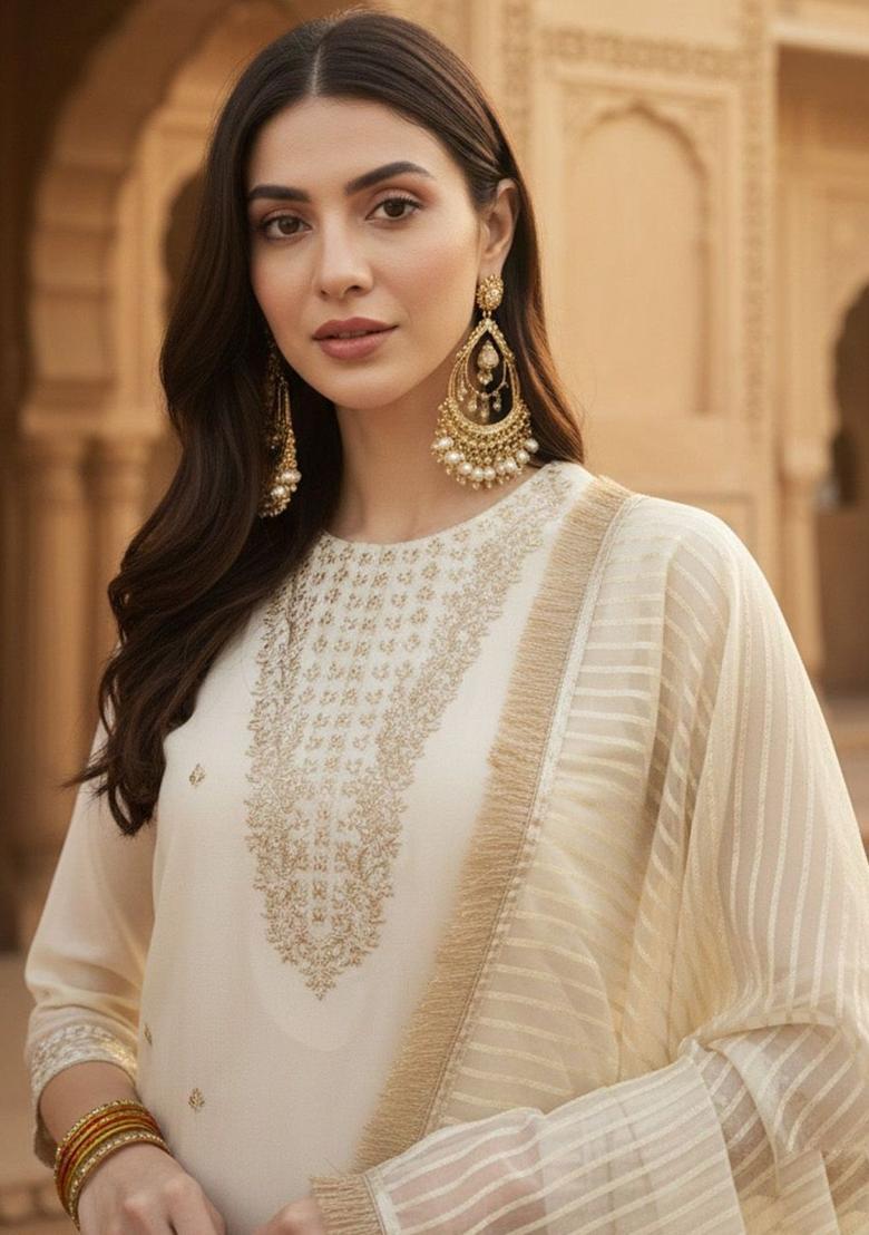 Off White Embroidered Silk Kurta Set - Indya