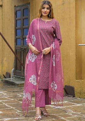 Purple Printed Cotton Kurta Set