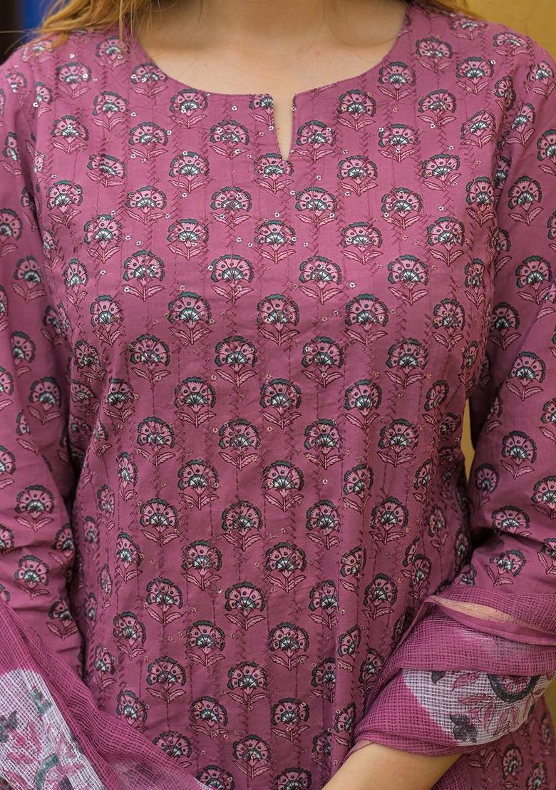 Purple Printed Cotton Kurta Set - Indya