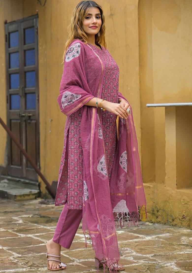 Purple Printed Cotton Kurta Set - Indya
