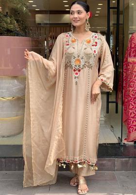 Beige Embroidered Silk Kurta Set