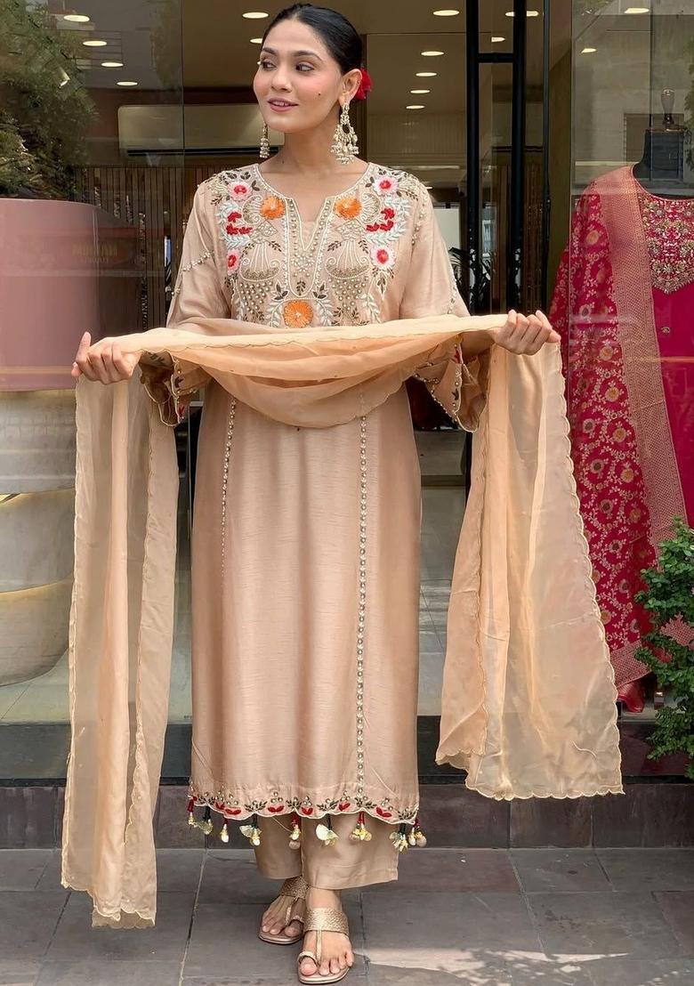Beige Embroidered Silk Kurta Set - Indya