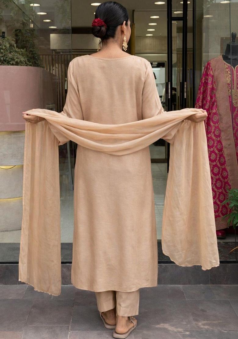 Beige Embroidered Silk Kurta Set - Indya