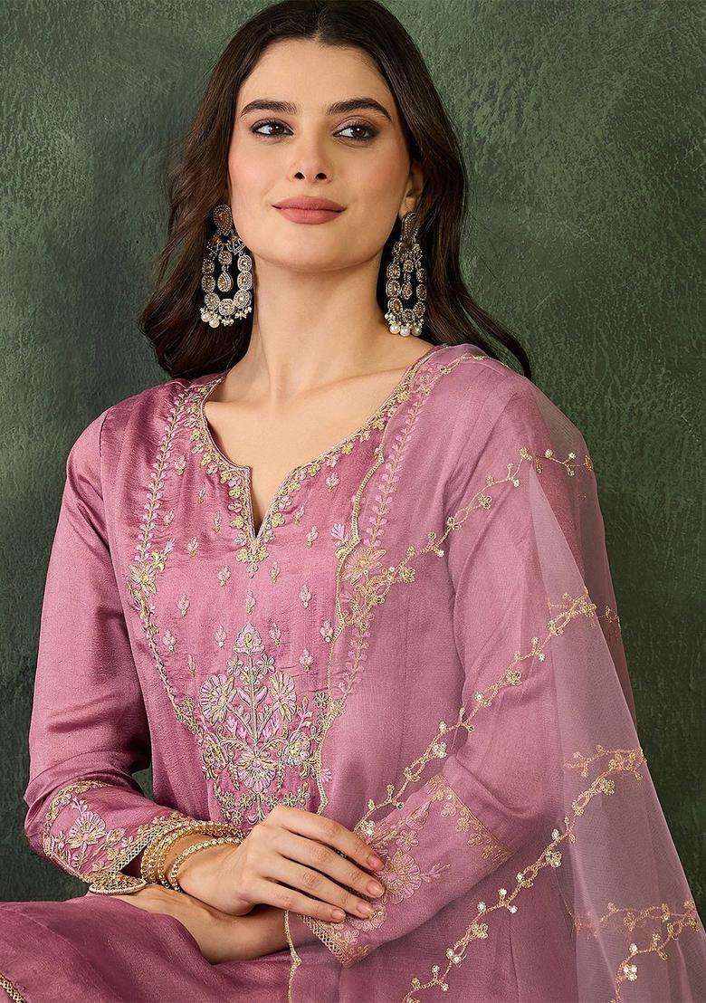 Pink Embroidered Silk Kurta Set - Indya