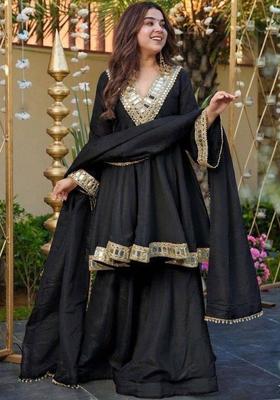 Black Embroidered Chinon Kurta Set