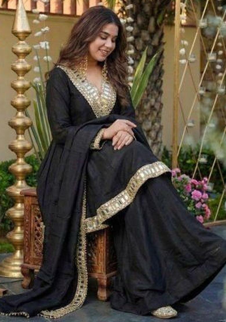 Black Embroidered Chinon Kurta Set - Indya