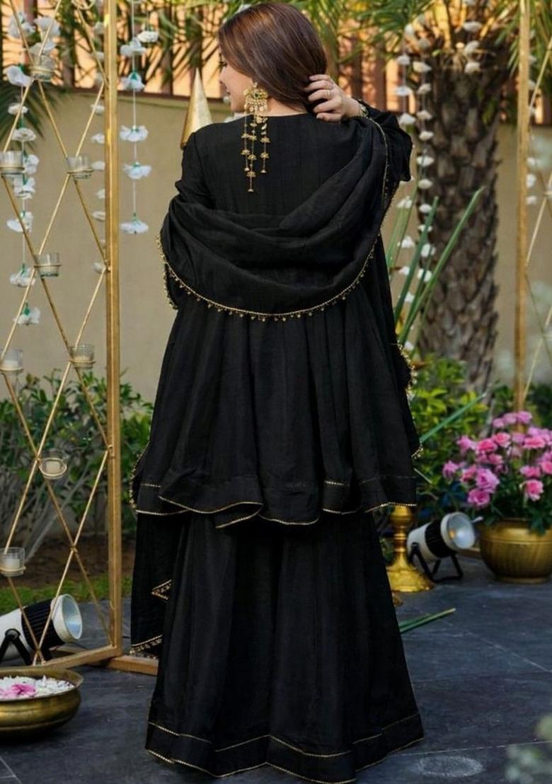 Black Embroidered Chinon Kurta Set - Indya