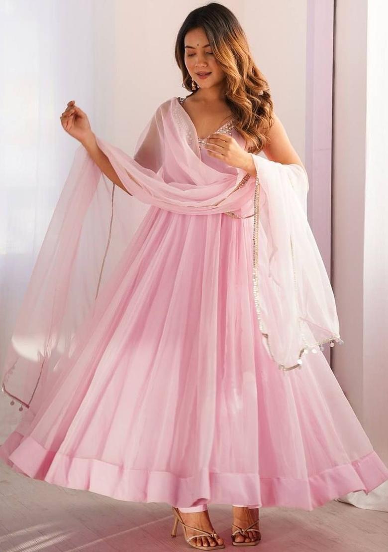 Pink Solid Georgette Kurta Set - Indya