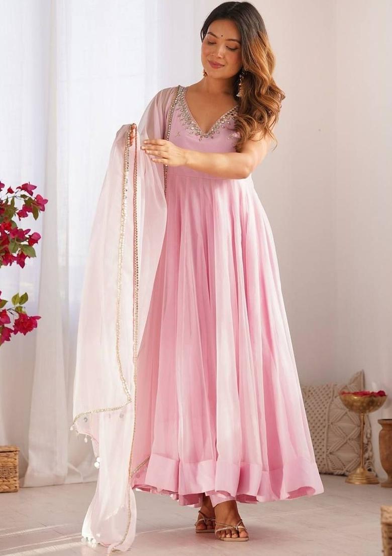 Pink Solid Georgette Kurta Set - Indya