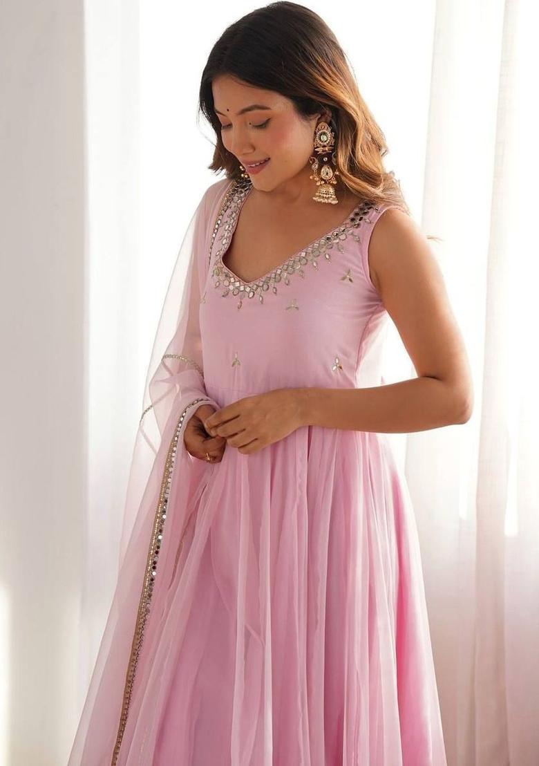 Pink Solid Georgette Kurta Set - Indya