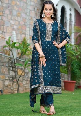 Navy Blue Embroidered Silk Kurta Set