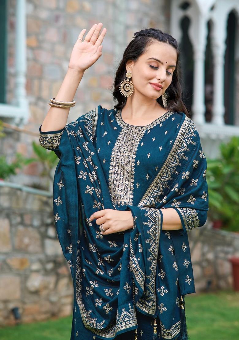 Navy Blue Embroidered Silk Kurta Set - Indya