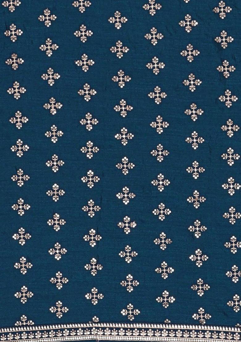 Navy Blue Embroidered Silk Kurta Set - Indya