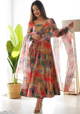 Peach Printed Organza Anarkali Set