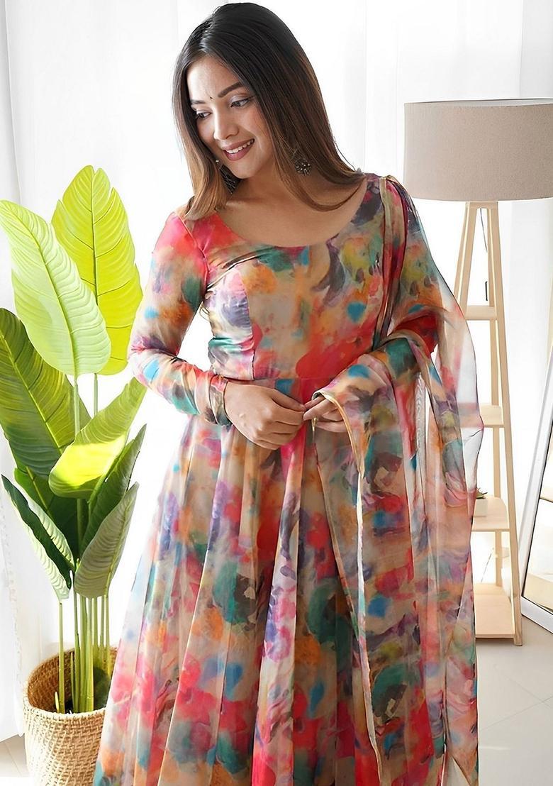 Peach Printed Organza Anarkali Set - Indya