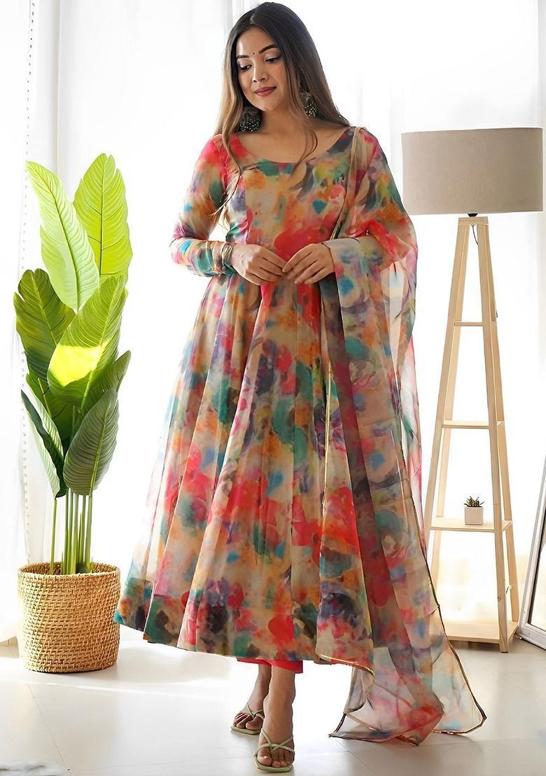 Peach Printed Organza Anarkali Set - Indya