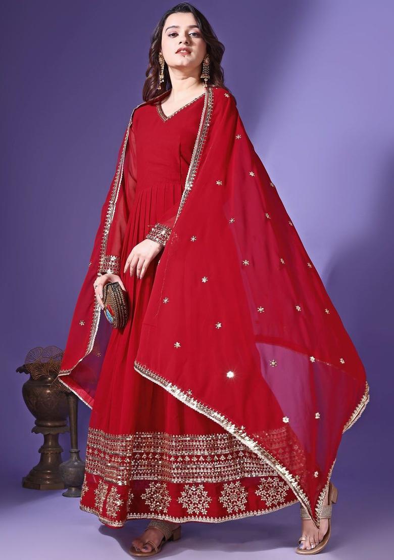 Maroon Embroidered Georgette Anarkali Set - Indya