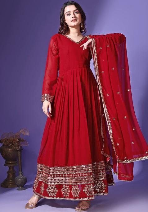 Maroon Embroidered Georgette Anarkali Set — view on Indya