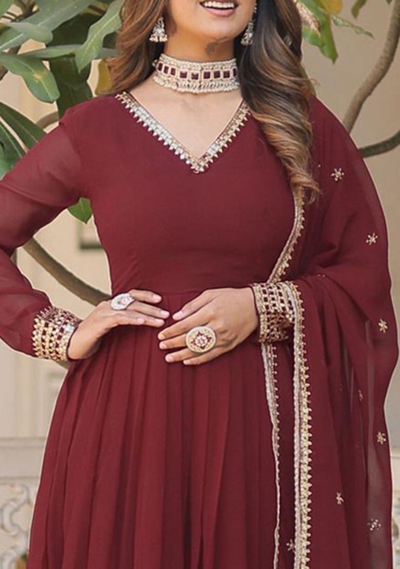 Maroon Embroidered Georgette Anarkali Set - Indya