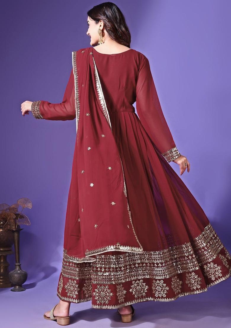 Maroon Embroidered Georgette Anarkali Set - Indya
