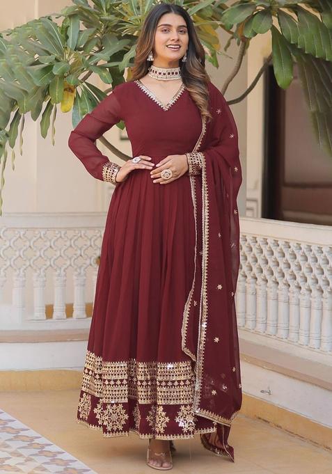 Maroon Embroidered Georgette Anarkali Set — view on Indya