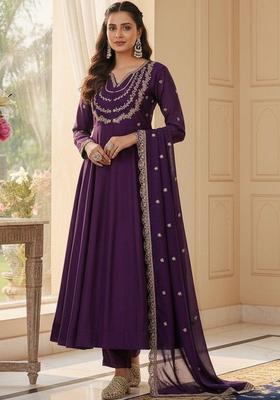 Purple Embroidered Silk Kurta Set