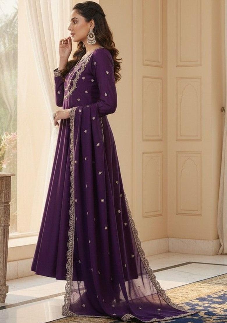 Purple Embroidered Silk Kurta Set - Indya