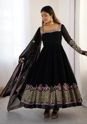 Black Embroidered Georgette Kurta Set