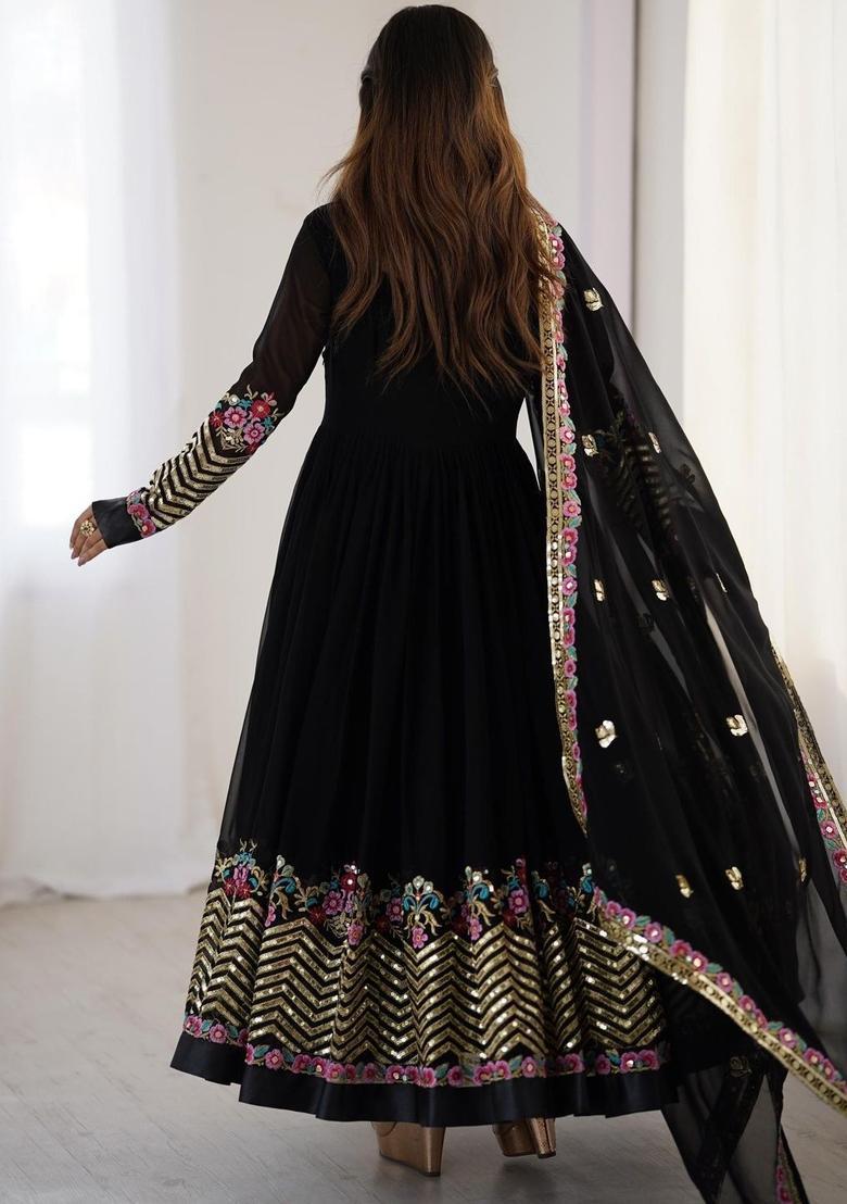 Black Embroidered Georgette Kurta Set - Indya