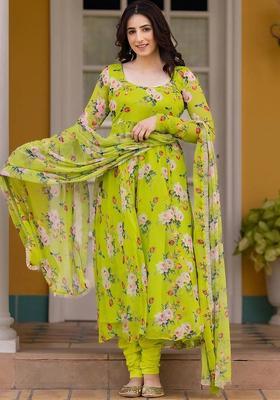 Green Printed Chiffon Kurta Set