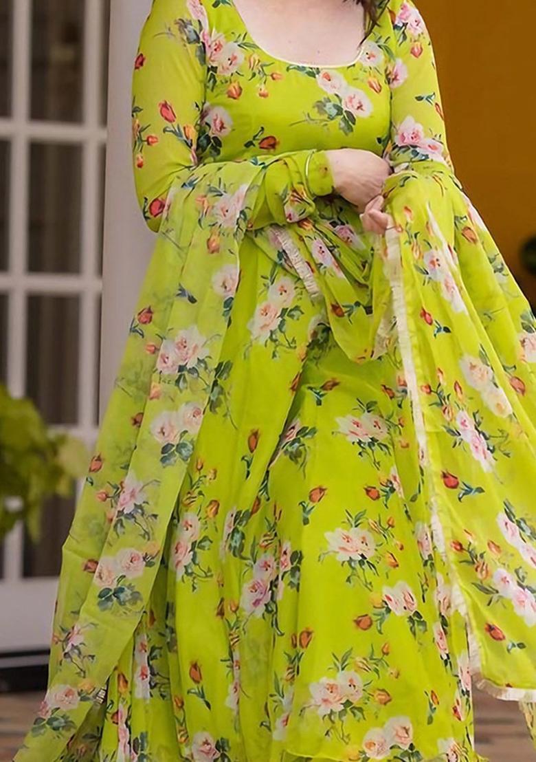 Green Printed Chiffon Kurta Set - Indya